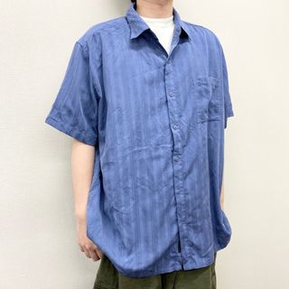US古着 半袖シャツ ストライプ 刺繍 ポリエステル サイズ：2XL ブルーグレー系【中古】(シャツ)