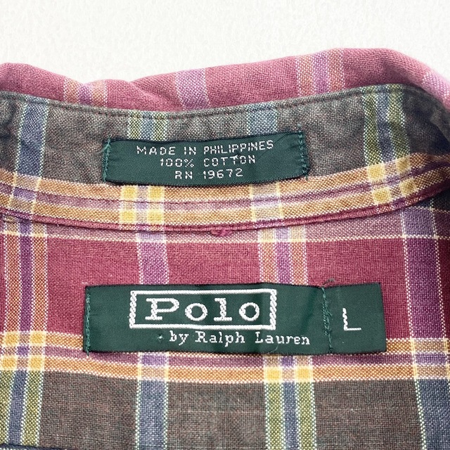 Ralph Lauren(ラルフローレン)のUS古着 ポロ ラルフローレン Polo by Ralph Lauren ボタンダウンシャツ 半袖 タータンチェック柄 ロゴ ワンポイント ポニー刺繍 サイズ：Boy's L エンジ×オリーブ×イエロー系【中古】 メンズのトップス(シャツ)の商品写真