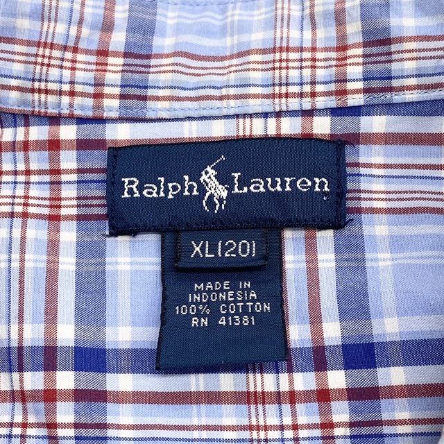 Ralph Lauren(ラルフローレン)のUS古着 ラルフローレン Ralph Lauren ボタンダウンシャツ 半袖 チェック柄 ロゴ ワンポイント ポニー刺繍 サイズ：Boy's XL ライトブルー×エンジ×ブルー【中古】 メンズのトップス(シャツ)の商品写真