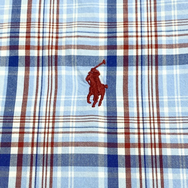 Ralph Lauren(ラルフローレン)のUS古着 ラルフローレン Ralph Lauren ボタンダウンシャツ 半袖 チェック柄 ロゴ ワンポイント ポニー刺繍 サイズ：Boy's XL ライトブルー×エンジ×ブルー【中古】 メンズのトップス(シャツ)の商品写真