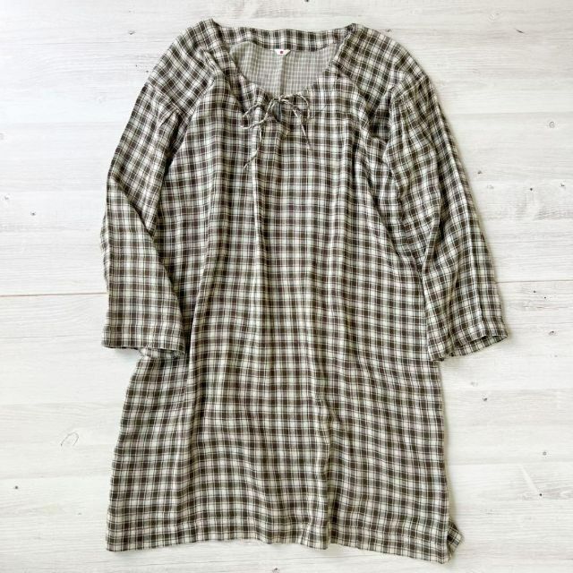 美品 45R コットン チェック ロングワンピース 長袖 人気の春夏 15840