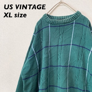 US古着　ニット　セーター　チェック　緑色　男女兼用　XLサイズ　アースカラー(ニット/セーター)