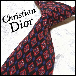 クリスチャンディオール(Christian Dior)の美品 ディオール ブランドネクタイ 赤 紺 チェック シルク ビジネス(ネクタイ)