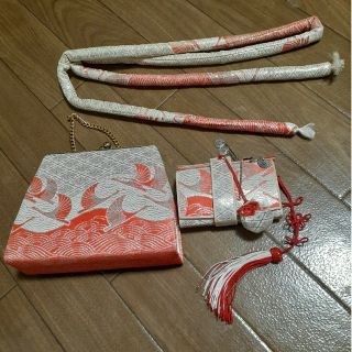 中古品 汚れ劣化有 和柄 七五三 朱色 ぴんく ツル 縁起物 柄 鶴 模様 小物(和装小物)