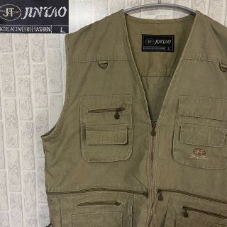 R94 JINTAO フィッシングベスト 古着 ワークベスト ベージュ 刺繍ロゴ(ベスト)