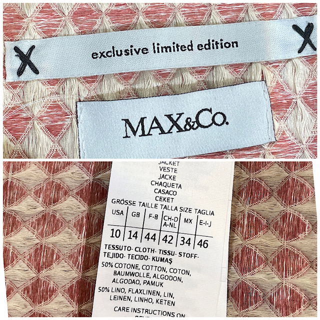 Max & Co.(マックスアンドコー)のMAX&Co. マックス アンド コー  ピンク ノーカラージャケット レディースのジャケット/アウター(ノーカラージャケット)の商品写真