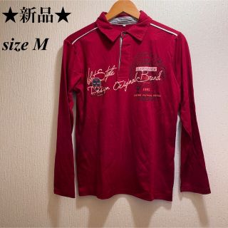 新品★レッド★レタープリント長袖ポロシャツ★ゴルフウエア★ユニセックス★M(ポロシャツ)