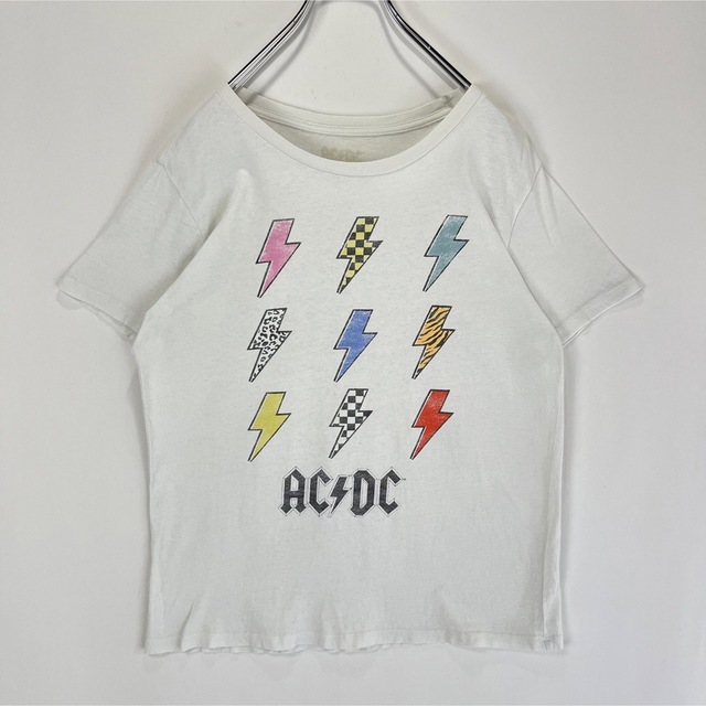 AC/DC Tシャツ　バンドT イナズマ　カラフル　古着　ホワイト　ヘビメタ メンズのトップス(Tシャツ/カットソー(半袖/袖なし))の商品写真