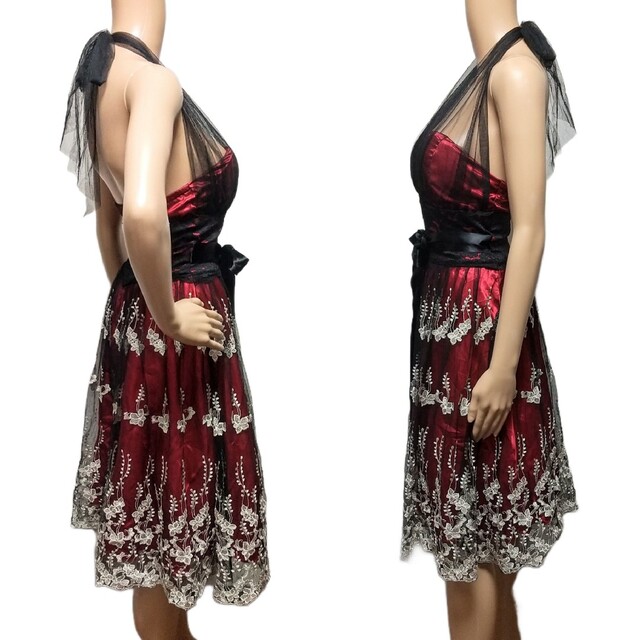 花柄刺繍レース ウエストリボン フレア ミディドレス パーティードレス レディースのフォーマル/ドレス(ミディアムドレス)の商品写真