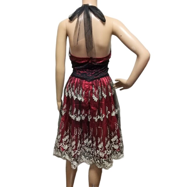 花柄刺繍レース ウエストリボン フレア ミディドレス パーティードレス レディースのフォーマル/ドレス(ミディアムドレス)の商品写真
