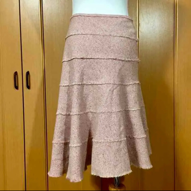 【美品】シルク混 ピンク薄手ツイード 豪華全円サーキュラー ティアードスカート 5