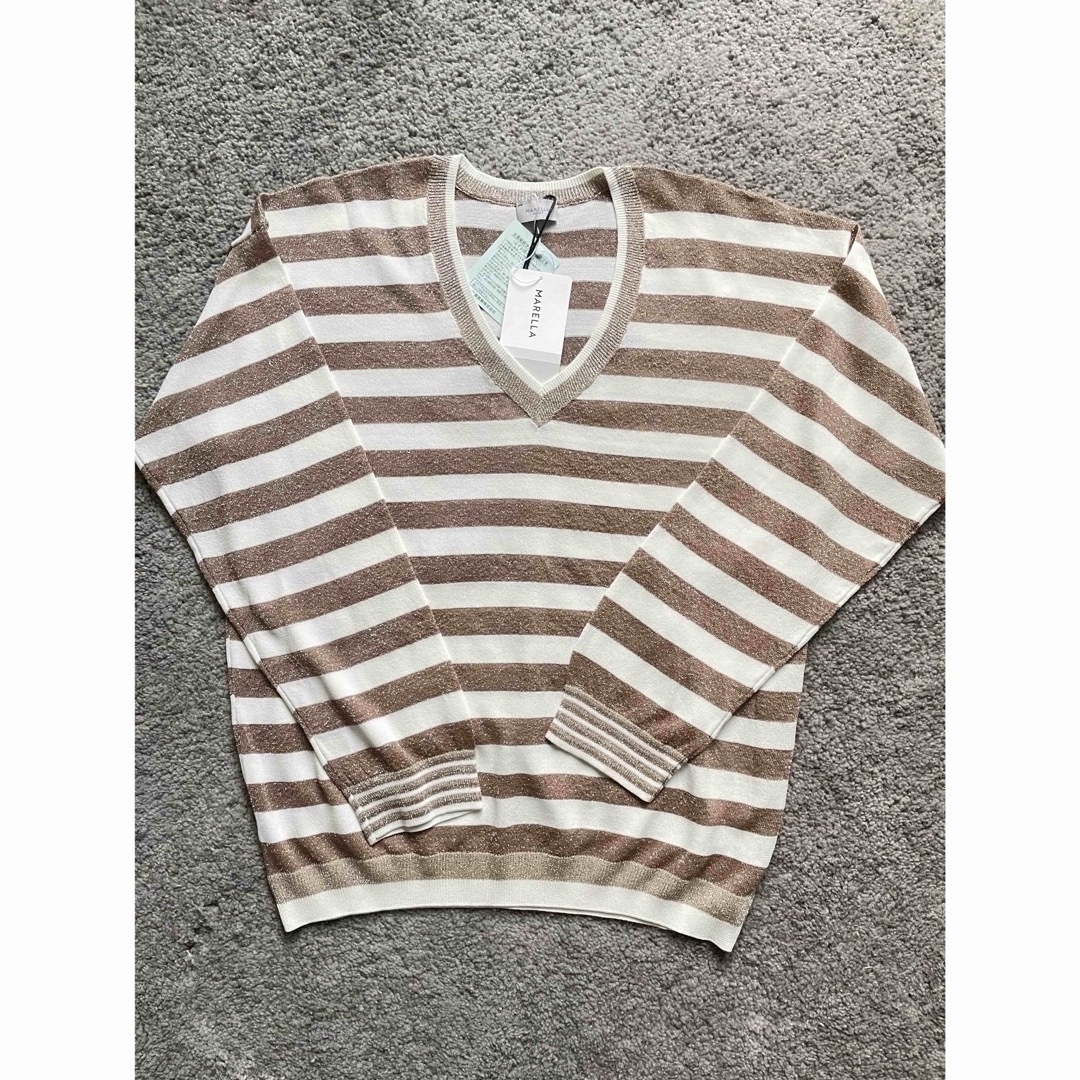 MARELLA マレーラ ☆ Vネック長袖 ボーダー柄ニット ベージュ系 新品
