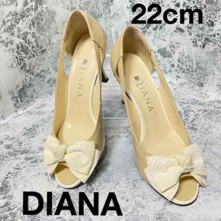 ダイアナ(DIANA)の【状態良好&送料無料】DIANAダイアナ　ベージュホワイトリボンオープントゥ(ハイヒール/パンプス)