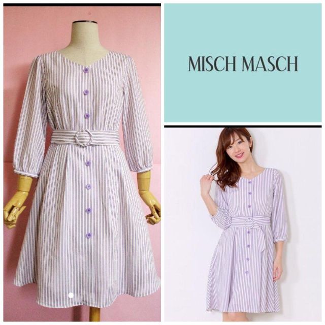 MISCH MASCH(ミッシュマッシュ)の【ミッシュマッシュ】前ボタンストライプワンピース　ラベンダー　七分袖　M レディースのワンピース(ひざ丈ワンピース)の商品写真