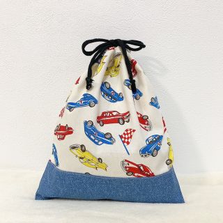 送料無料❤【入園・入学】高学年まで使えるシンプルデニム×アメリカン車柄の体操服袋(体操着入れ)