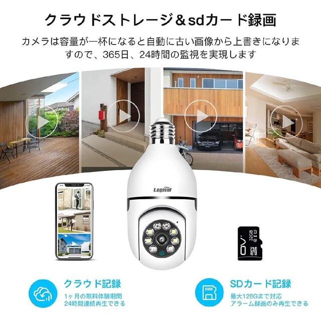 【新品】360°広角撮影電球型300万画素防犯カメラ 赤外線 E27/E26口金