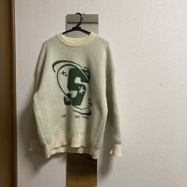 メンズニット beige greenロゴ