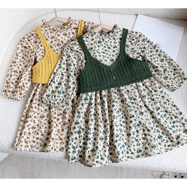 ニットベストワンピース　グリーン　リンクコーデ　 キッズ/ベビー/マタニティのキッズ服女の子用(90cm~)(ワンピース)の商品写真