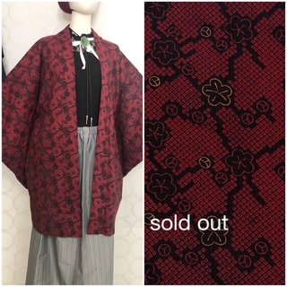 SALE！ 羽織 梅の花 濃赤 ロング羽織 コート(カーディガン)