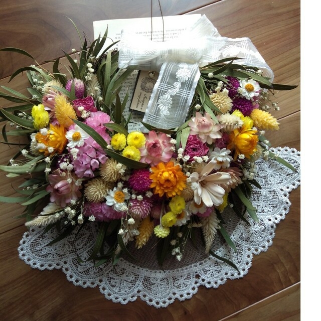❁ドライフラワー❁プリザーブドフラワー　ナチュラル花かごリース　♡ハンドメイド♡ ハンドメイドのフラワー/ガーデン(リース)の商品写真