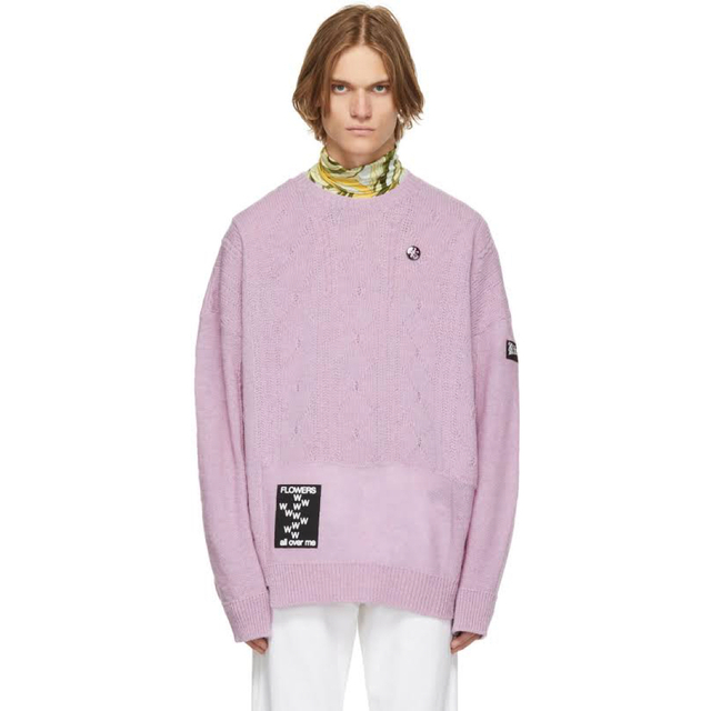 RAF SIMONS ニット ウール セーター ピンク ロゴ パッチ XS-