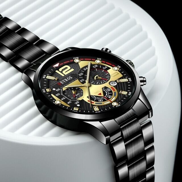 新品 クロノグラフ DEYROS 腕時計メンズ ラグジュアリーステンレス 黒金 - 3