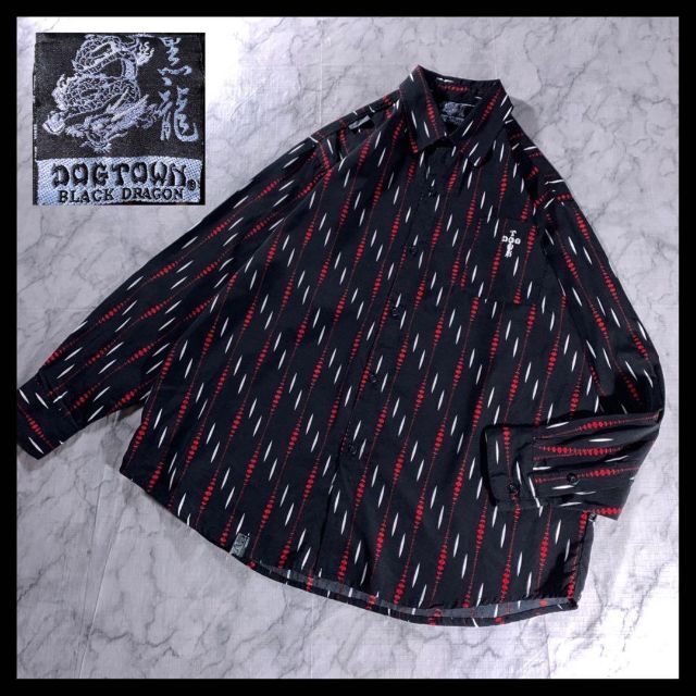 トップス DOGTOWN ドッグタウン 黒龍 総柄 ポリシャツ 刺繍ロゴ 柄