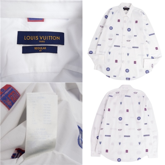 LOUNGE LIZARD(ラウンジリザード)の美品 ルイヴィトン LOUIS VUITTON シャツ ロングスリーブ ロゴワッペン柄 総柄 コットン トップス メンズ 4L ホワイト メンズのトップス(シャツ)の商品写真