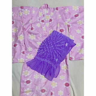 浴衣90〜120㎝　帯付き　ピンク花柄　コットン100(甚平/浴衣)