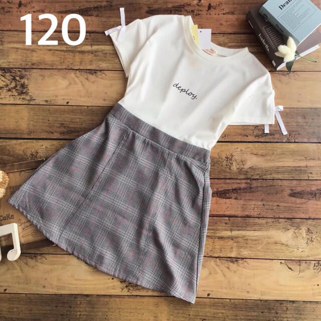 【120】袖リボン グレンチェック 切り替え ワンピース キッズ/ベビー/マタニティのキッズ服女の子用(90cm~)(ワンピース)の商品写真