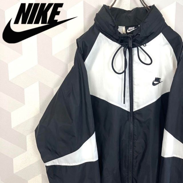 ナイキ】サイズL 刺繍ロゴ 切り替え ナイロンジャケット 白黒 nike