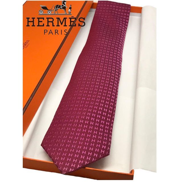 【極美品】HERMES ファソネ　定番　H H柄 ネクタイシルク100% レッド