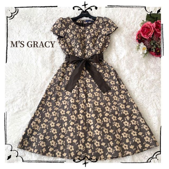 良品✨M'S GRACY ワンピース 膝丈 腰リボン フラワー お花 ラメ 40