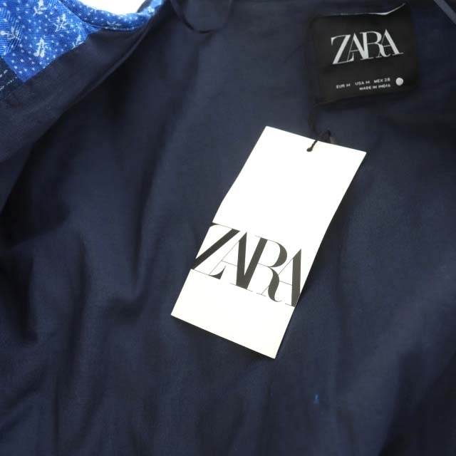 ザラ ZARA パッチワークキルトジャケット ミドル丈 クルーネック 中綿 青