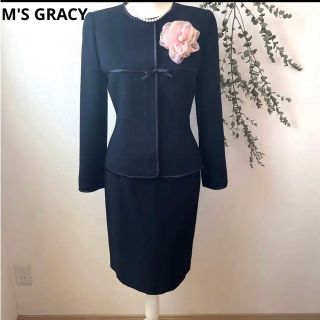 【美品】M'S GRACY ノーカラージャケット 銀ボタン リボン フォーマル