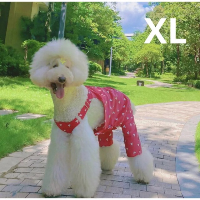 【ペット用】大型犬用ペット服総柄オーバーオール赤XL