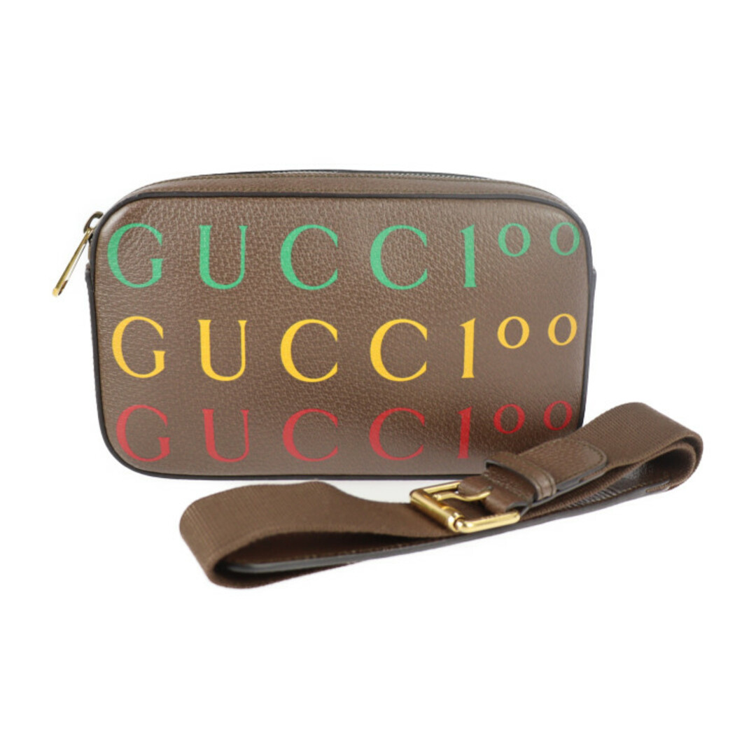 Gucci(グッチ)のGUCCI グッチ 100周年記念 ベルトバッグ ウエストバッグ 602695   カーフレザー ブラウン マルチカラー ゴールド金具 ロゴ ボディバッグ ウエストポーチ バムバッグ 【本物保証】 メンズのバッグ(ウエストポーチ)の商品写真