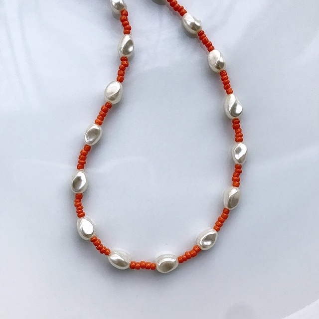  beads necklace＊orange pearl🌻 ハンドメイドのアクセサリー(ネックレス)の商品写真