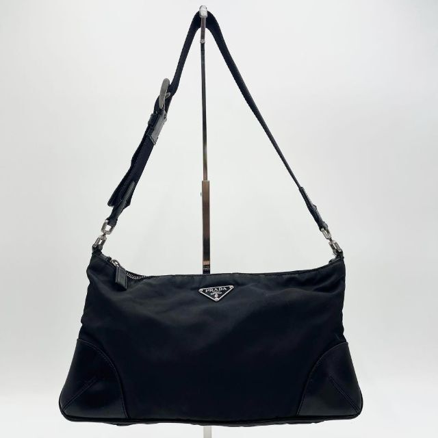 美品✨PRADA プラダ ショルダーバッグ ナイロン × レザー 三角ロゴ 黒色-