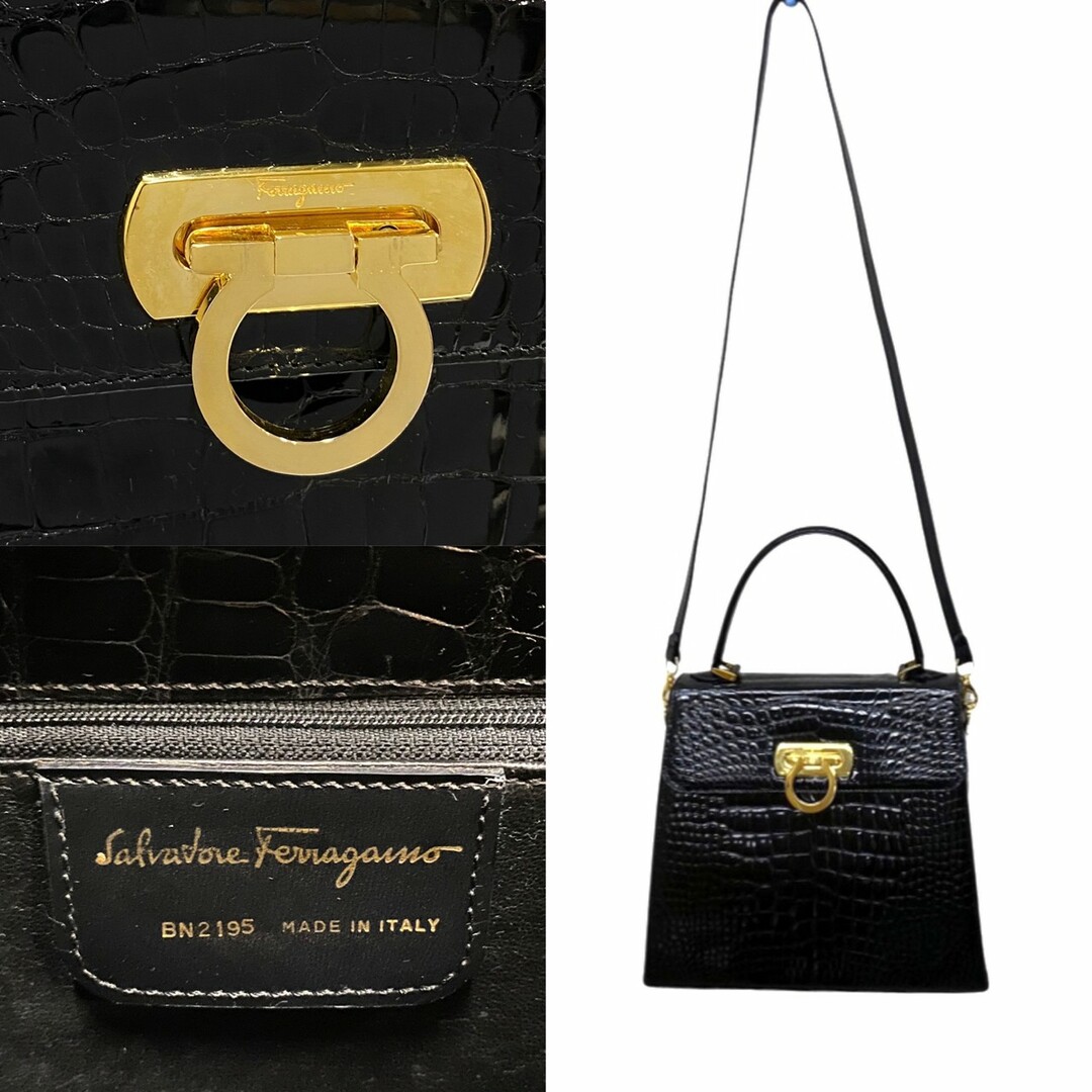 Salvatore Ferragamo(サルヴァトーレフェラガモ)の極 美品 Salvatore Ferragamo フェラガモ ガンチーニ クロコダイル レザー 本革 2way ハンドバッグ ショルダーバッグ ブラック 145-1 レディースのバッグ(ハンドバッグ)の商品写真