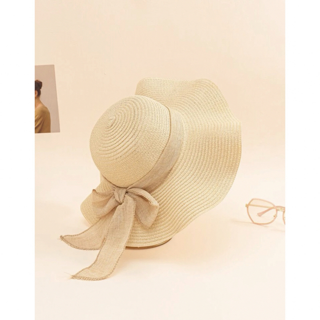 折りたたみ可能 麦わら帽子 レディース 乙女 ロマンチック ベージュ リボン レディースの帽子(麦わら帽子/ストローハット)の商品写真