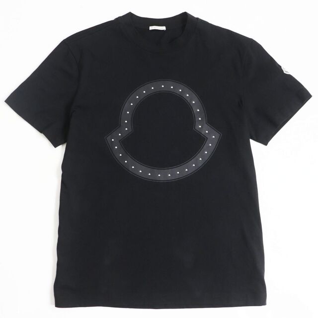 美品●22SS MONCLER モンクレール SS TSHIRT スタッズ/プリント/ロゴワッペン付き 半袖 Tシャツ/カットソー ブラック L 正規品 q01-st30227-54159cm着丈