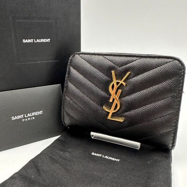 美品 イヴサンローラン YSL 二つ折り財布 キャビアスキン ラウンドジップ