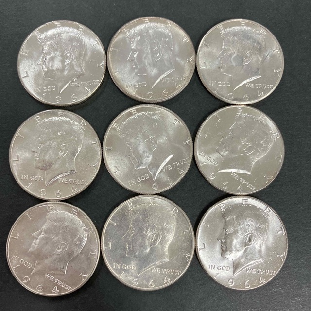 アメリカ　ケネディ　1/2ドル銀貨1964年　9枚セット　未使用　原光あり美術品/アンティーク