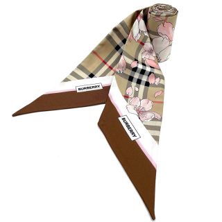 バーバリー(BURBERRY)のBURBERRY バーバリー スカーフ スキニースカーフ ツイリー フローラルチェック CHERRY BLOSSOM 桜 ファッションアイテム 80652121 シルク    ベージュ ピンク レディース 美品【中古品】(バンダナ/スカーフ)