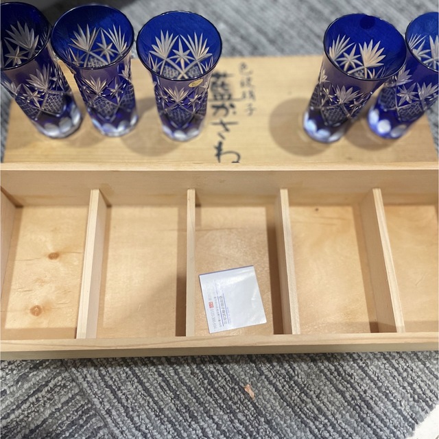 江戸切子グラス色被硝子 藍かさね 切子 カットグラス【5客セット】