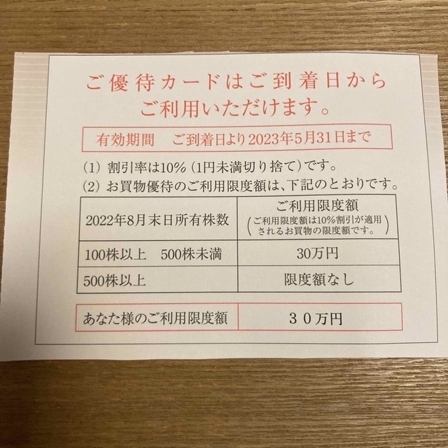 髙島屋(タカシマヤ)の高島屋 株主優待カード 10%割引（限度額：30万円）23年5月末 チケットの優待券/割引券(ショッピング)の商品写真