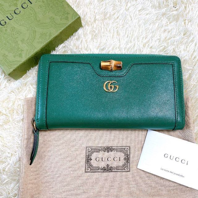 極美品✨GUCCI グリーン 長財布 バンブー GG ダイアナ ラウンド 現行-