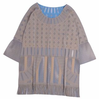 プレーンクロージング(PLAIN CLOTHING)の美品 プリーツプリーズ イッセイミヤケ PLEATS PLEASE A.POC INSIDE シャツ ブラウス 七分袖 フリンジ トップス レディース 3(L相当) グレー/ブルー(シャツ/ブラウス(半袖/袖なし))