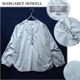 マーガレットハウエル(MARGARET HOWELL)のMARGARET HOWELL ストライプ フリルシャツ コットン ミント(シャツ/ブラウス(長袖/七分))